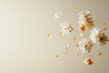 White and orange dahlias and petals floating on beige background