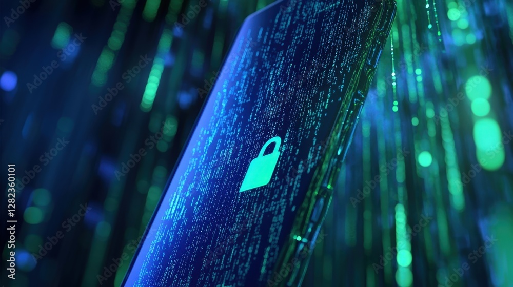 Poster mobile phone screen showing encrypted data with a glowing green padlock icon, against a backdrop of 