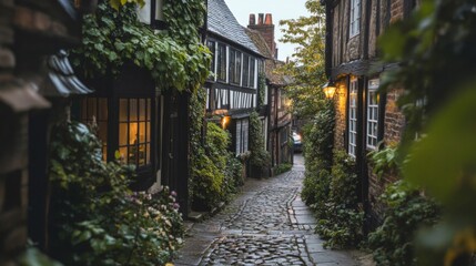 Fototapeta premium English Village Cobblestone Street with Tudor Style Buildings and Greenery