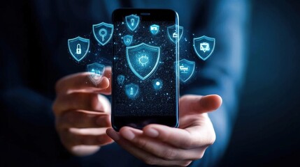 Fototapeta premium Businessman is holding smartphone with cyber security shield icons floating above, representing data privacy and protection in digital world