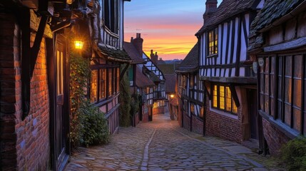 Obraz premium Cobblestone Street Leading Through Historic Village at Twilight with Colorful Sky
