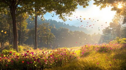 Field of colorful flowers with digital elements resembling blooming tweets in a vibrant garden setting