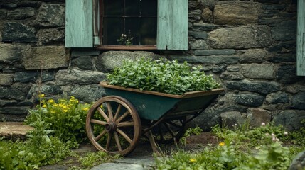 Obraz premium Rustic Stone Building with Wooden Wheelbarrow Garden and Windows in Daylight