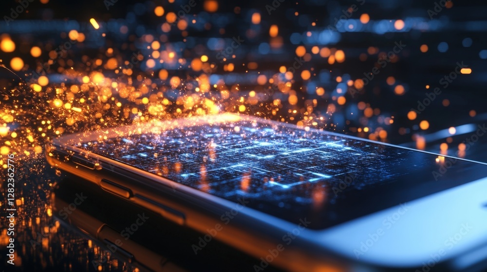 Poster glowing particles and data are flowing out of a smartphone, creating a visual representation of cybe