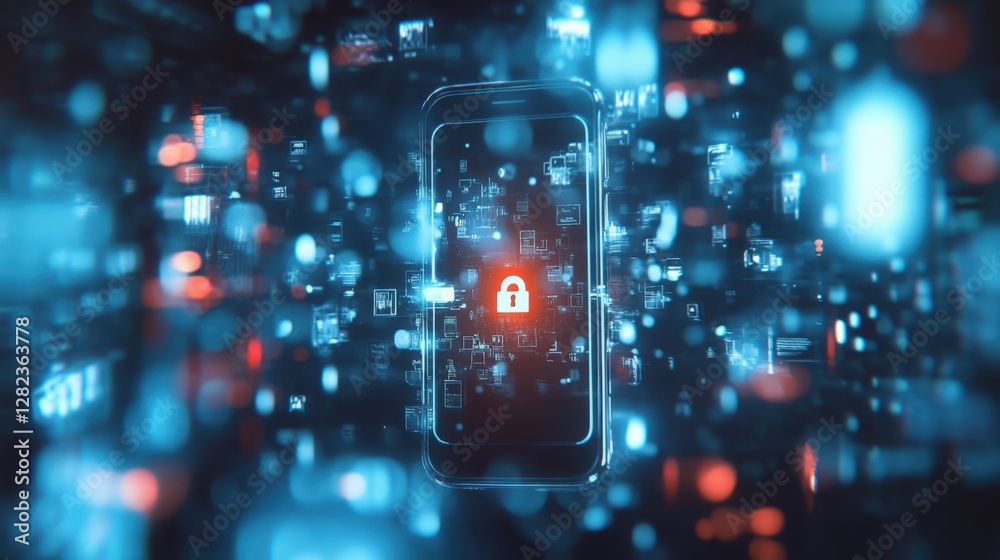 Poster smartphone displaying a glowing red lock icon, surrounded by digital data and binary code, symbolizi