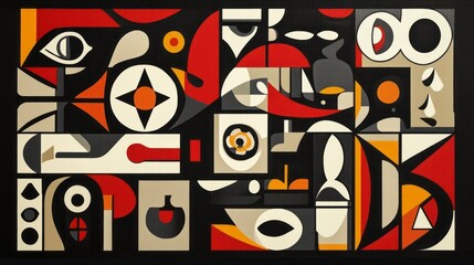 Fototapeta premium Abstract geometric composition features red black orange and beige colors