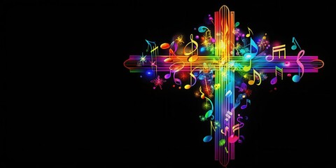 Vibrant colorful cross with musical notes intertwined , inspiring , notes,  inspiring , notes, visual, abstract, symphony