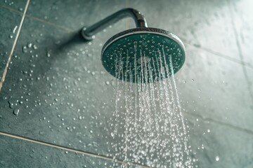 Shower head pouring water in modern bathroom refreshing tiles