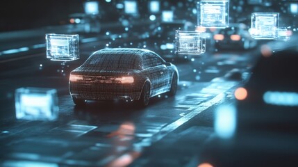 Futuristic self driving vehicle navigating a highway at night, surrounded by a stream of digital data, symbolizing the concept of autonomous driving and vehicle to everything - v2x - communication