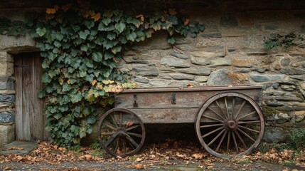 Obraz premium Antique Wooden Cart with Rusty Wheels Leans Against Stone Wall Doorway in Shade