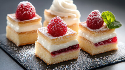 Delicious Raspberry Cream Cakes with Whipped Topping and Mint Leaf