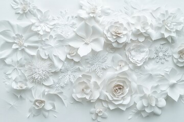 White paper flowers and snowflakes creating a winter wonderland