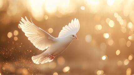 White dove flying gracefully at sunset with shimmering lights in the background