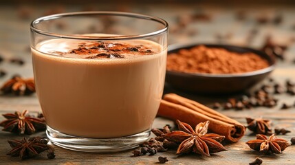 Aromatic masala chai with spices on wooden surface. Cozy drink, home use