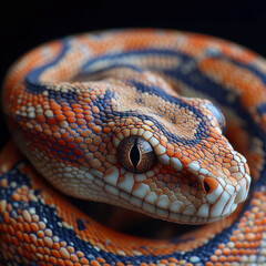 Fototapeta premium Close-up image of a colored boa python with iridescent scales, showcasing blues, oranges, and browns Smooth texture, open eyes with golden color, and closed mouth High-resolution phot - AI-Generated