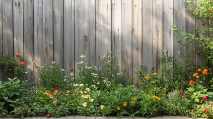 Fototapeta premium Rustic Wooden Fence Adorned With Vibrant Colorful Flower Garden In Daylight