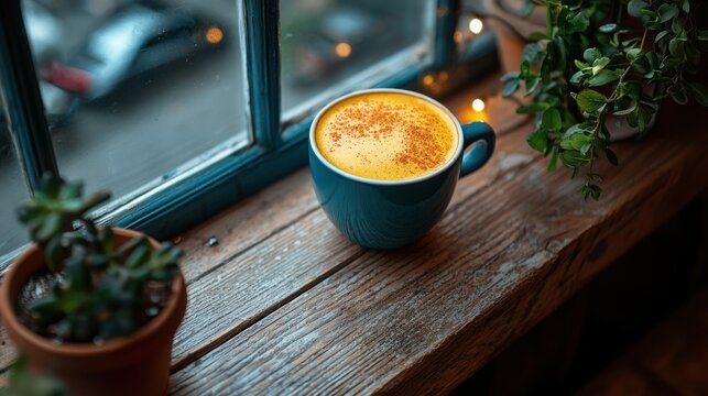 Aromatic turmeric latte on a wooden windowsill at home on a cold winter day