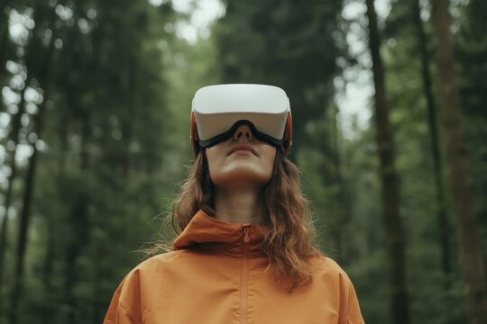 Woman wearing virtual reality headset exploring immersive nature simulation