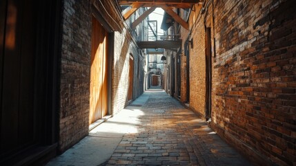 Fototapeta premium Sunlit Brick Alleyway in Historic European City with Cobblestone Path