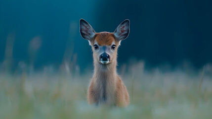 Fawn in field at dawn, serene background. Nature wildlife photography