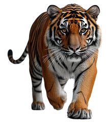 Fototapeta premium Tiger walking gracefully across a solid black background showcasing its striking stripes and powerful build Isolate white background.