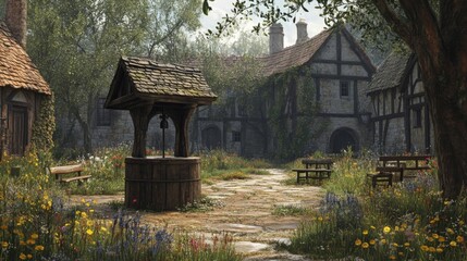 Scenic Courtyard with Stone Well Lush Garden and Medieval Buildings in Sunlight