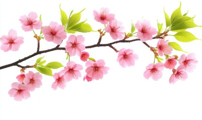 Fototapeta premium Delicate cherry blossom branch with pink flowers and green leaves against a white background