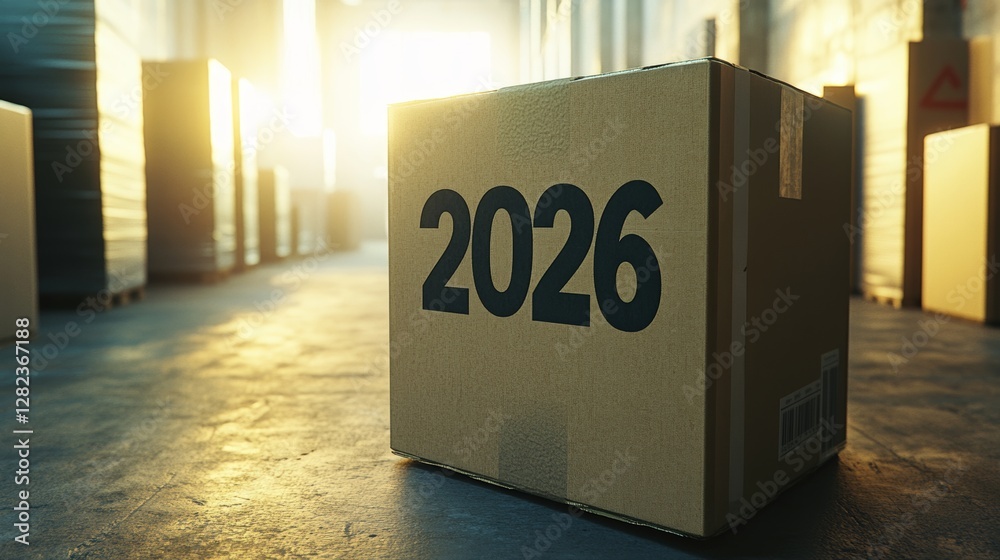 Aufkleber boxes labeled with the year 2026 in a warehouse during sunset create a reflective atmosphere for fut