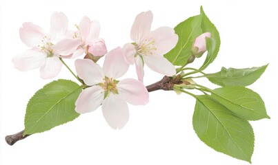 Fototapeta premium Delicate pink apple blossoms on a branch with lush green leaves against a white background