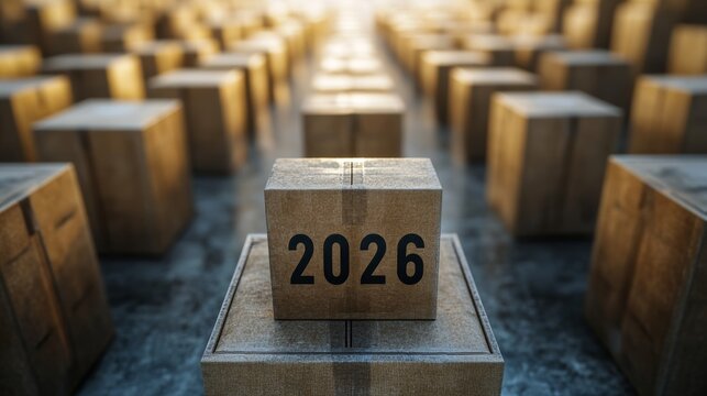 Boxes stacked in a warehouse setting showcasing the year 2026 during a sunset glow