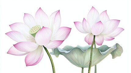 Fototapeta premium Elegant Pink and White Lotus Flowers Blooming Serenity in Tranquil Pond Against a Subtle Background of Organic Composition