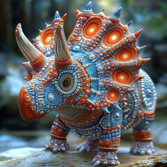 Fototapeta premium A stylized, colored 3D model of a rhino on a rock, positioned against a riverbed backdrop The artwork leans towards fantasy or decorative sculpture - AI-Generated