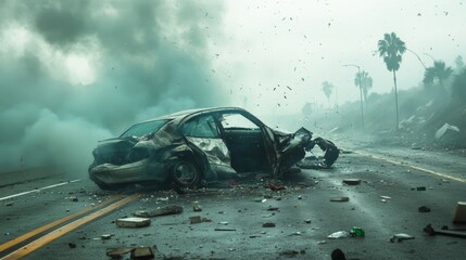 Destruction and chaos on a highway after a severe disaster with debris and smoke filling the air
