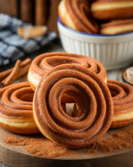Cinnamon sugar cinnamon roll donuts stacked on wooden board