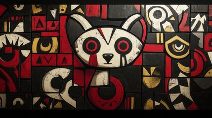 Fototapeta premium Abstract design featuring a stylized cat face on blocks