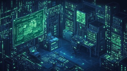 Fototapeta premium Digital Data Center Isometric View with Green Binary Code and Electronic Equipment Pixel Art Style