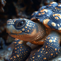 Obraz premium Close-up image of a sea turtle, showing its head, flipper, and part of the shell The turtles skin is a mix of blues, blacks, browns, and yellows, with underwater rocks or coral in the - AI-Generated
