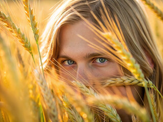 Girl Admiring Wheat Field Under Golden Sunlight With a Serene Expression