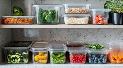 Refrigerator Shelves with Fresh Vegetables in Clear Containers, showing effective food preparation