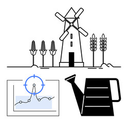 Windmill, cornfield, watering can, and data graph emphasizing farming, clean energy, food production, irrigation, and data analytics. Ideal for sustainability agriculture renewable energy