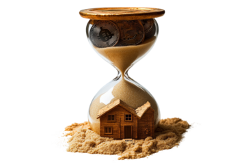 Hourglass with a house and sand symbolizing time and home in a conceptual design Isolate white background.