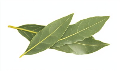 Fresh green bay leaves arranged artistically on a white background, ideal for culinary use