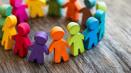 Colorful wooden figures holding hands in a circle on rustic wood