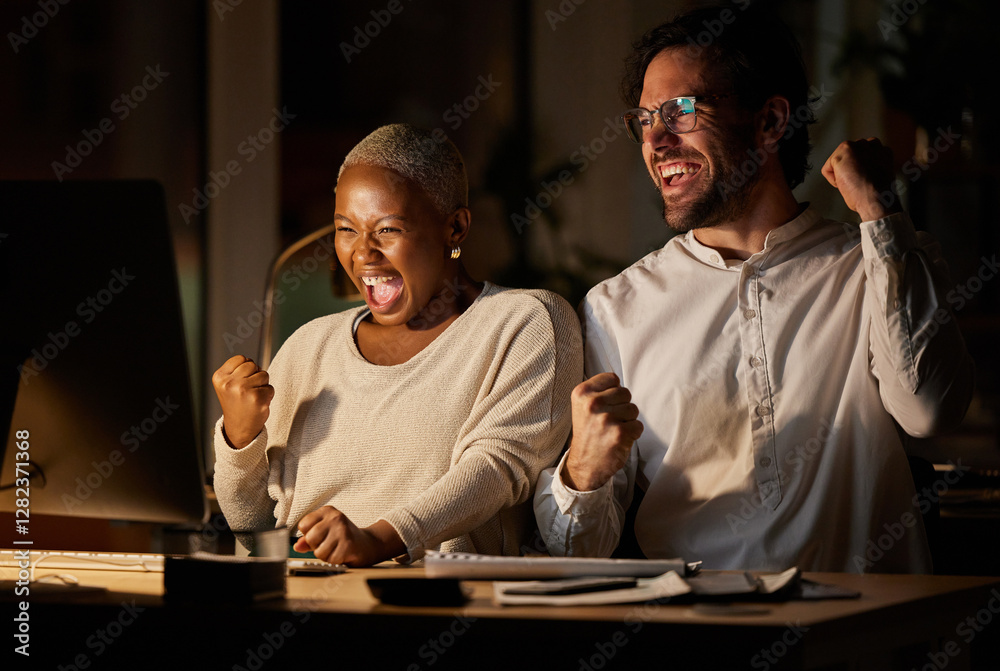Poster Business, night and people with celebration by computer for troubleshooting success and programming solution. Web developer, teamwork or victory fist in office for app maintenance deadline or excited