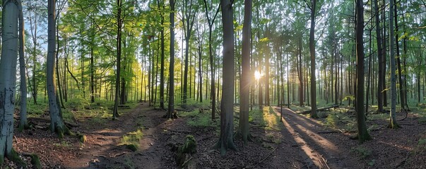 Fototapeta premium A forest with a sun shining through the trees