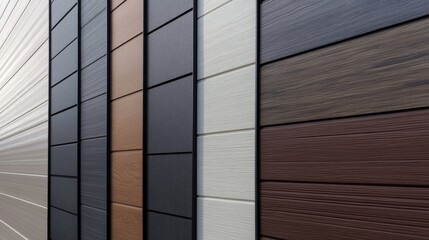 Different types of building materials displayed on a wall in a showroom for construction and renovation projects