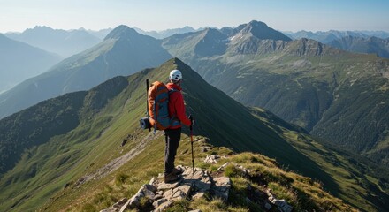 Fototapeta premium A lone hiker gazes over a breathtaking mountain range on a sunny day