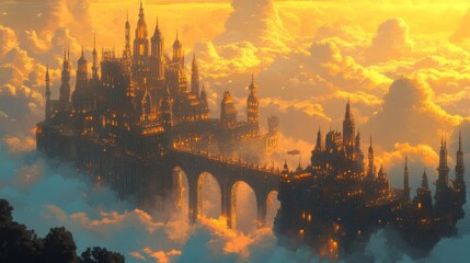 Fototapeta premium Golden Cityscape View Above Clouds at Sky during Daytime Fantasy Architecture