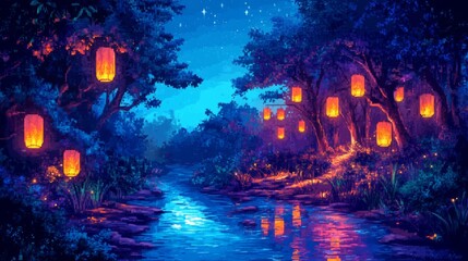Obraz premium Pixel Art Forest Landscape at Night with Glowing Lanterns Reflecting on the Water