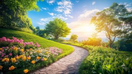 Vibrant spring path through colorful garden under bright sunny sky at afternoon